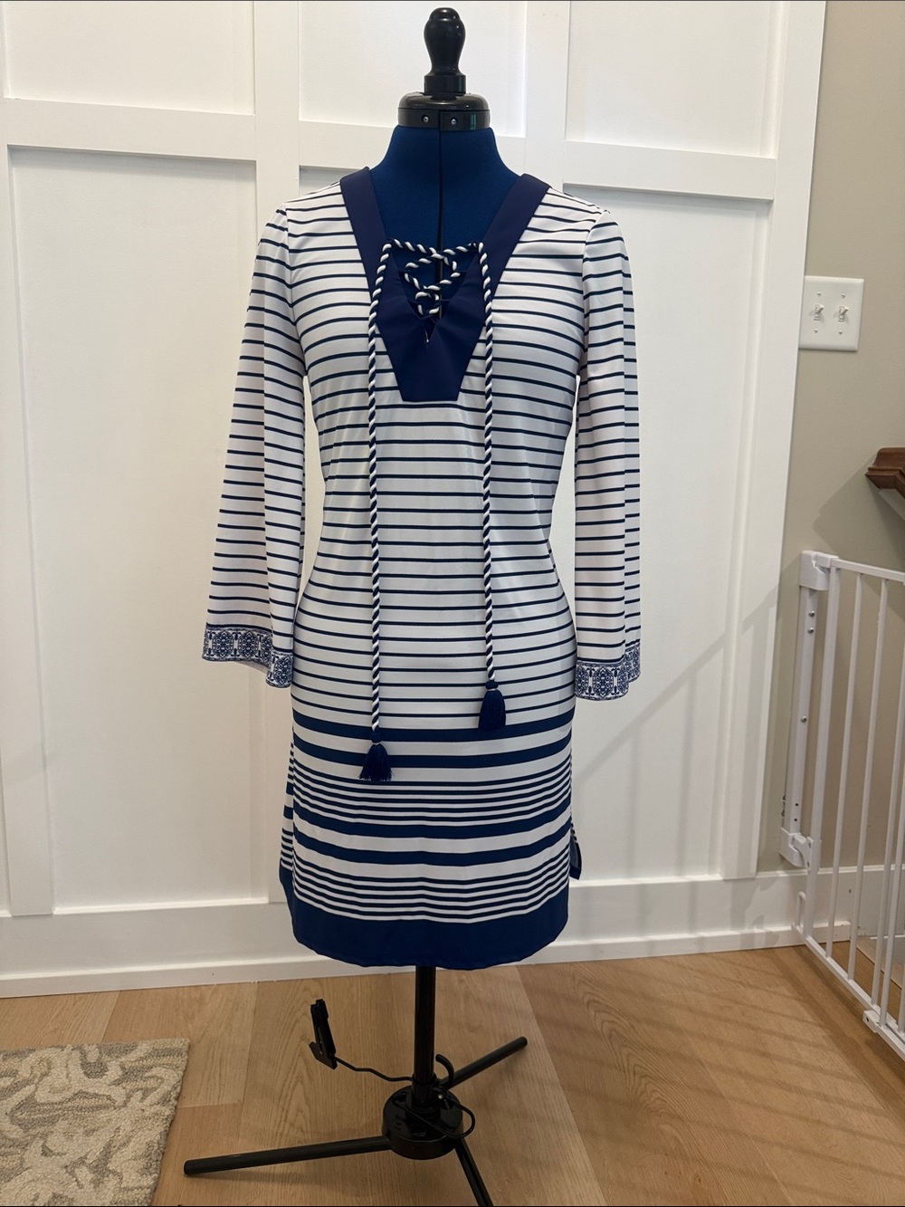 Cabana Life Navy and White Striped V-Neck Tie Dress